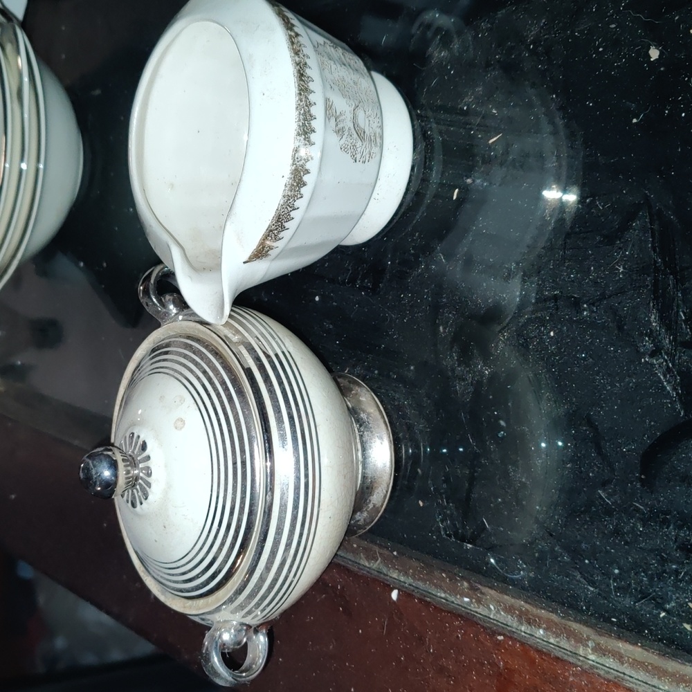 Porcelain Sugar Bowl And Creamer Light Cream With Silver Lines Bands